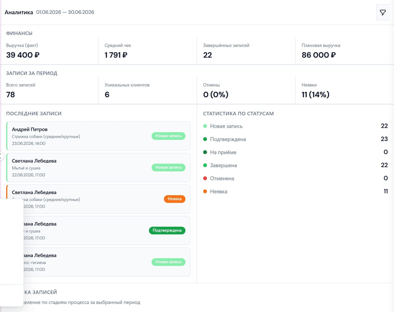 Аналитика PawDesk — выручка, записи и воронка этапов визита